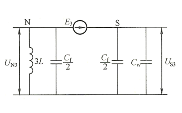 中性點(diǎn)經(jīng)消弧線圈接地發(fā)電機(jī)三次諧波電動(dòng)勢(shì)和對(duì)地電容的等值電路圖.png